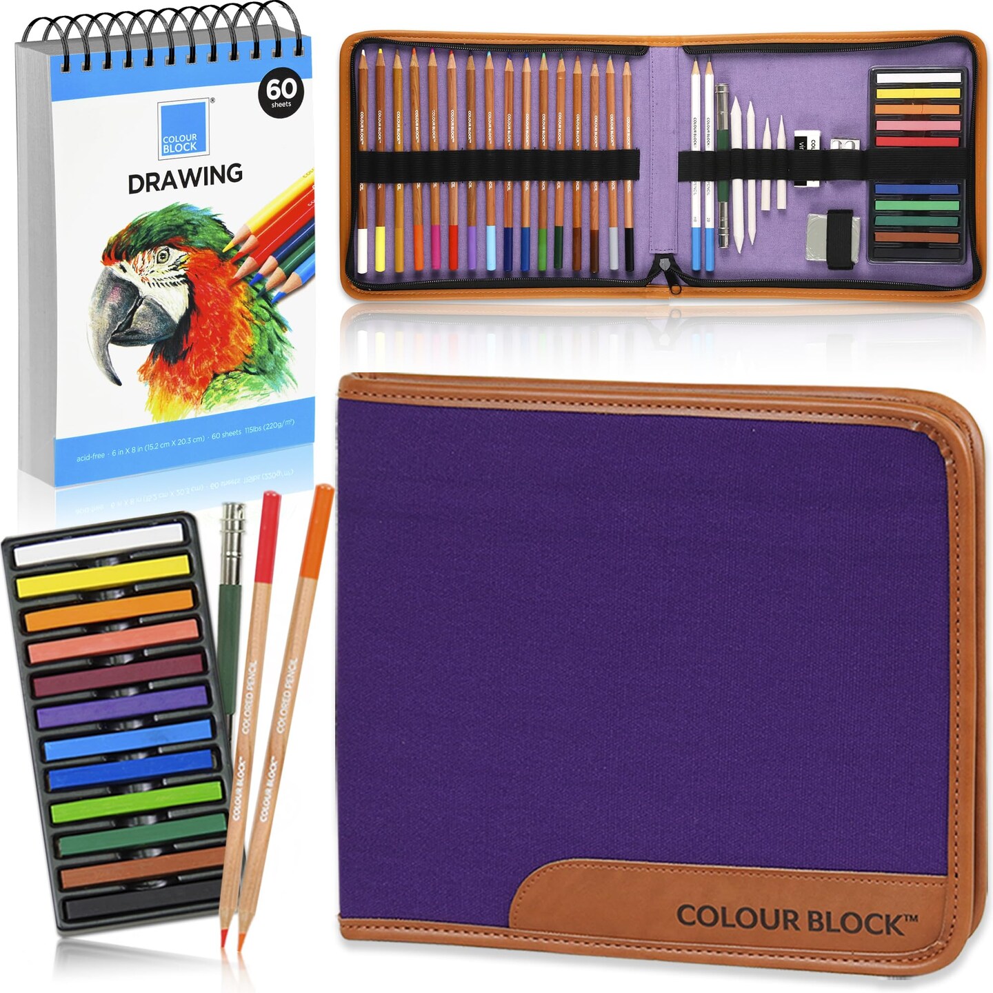 Drawing Travel Art Set - 60 sheets 6 x 8 Inches Drawing Pad,16 Drawing Colored Pencils Set, 12 Soft Pastels Set, 2 Sketching Pencils, and 8 Assorted Tools for School Supply