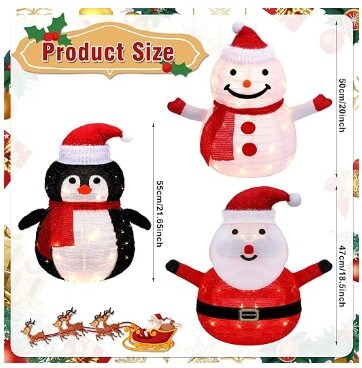 Lighted Christmas Outdoor Decorations 3 Pieces Collapsible Fluffy Snowman Penguin Santa Claus with LED Lights Pre Lit Pop up Christmas Holiday Decorations for Indoors, Outdoors, and Gardens