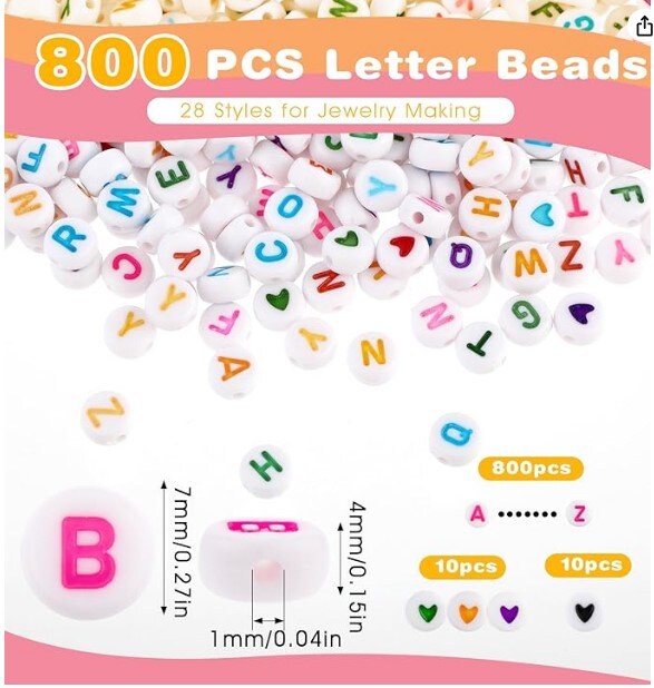 Heasy 820 Pieces Small Letter Beads for Bracelets, Friendship Bracelet Letter Beads Kit, White Colorful Alphabet Bracelet Beads Heart for Jewelry