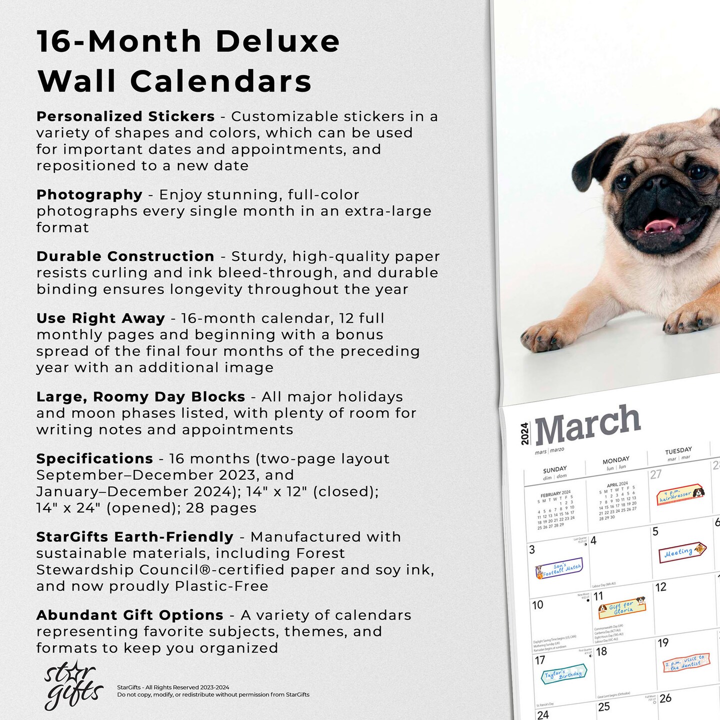 The Beauty of Pugs | 2024 14 x 24 Inch Monthly Deluxe Wall Calendar | Sticker Sheet | StarGifts | Animals Dog Breeds