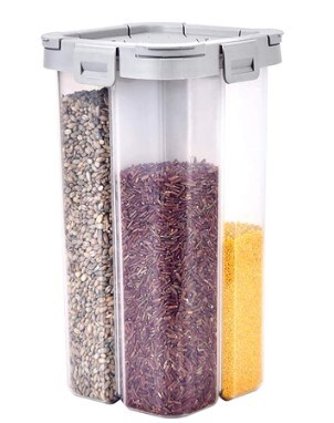 Clear 2.3L Airtight Kitchen Food Storage Container with Lids and Compartments for Grain, Sugar, Flour, Rice, Nuts, and Snacks