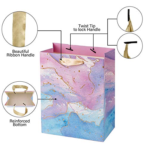 Medium Size Gift Bags-Colorful Marble Pattern Gift Bag with Tissue Paper for Shopping, Parties, Wedding, Baby Shower, Craft-4 Pack-7" X 4" X 9"