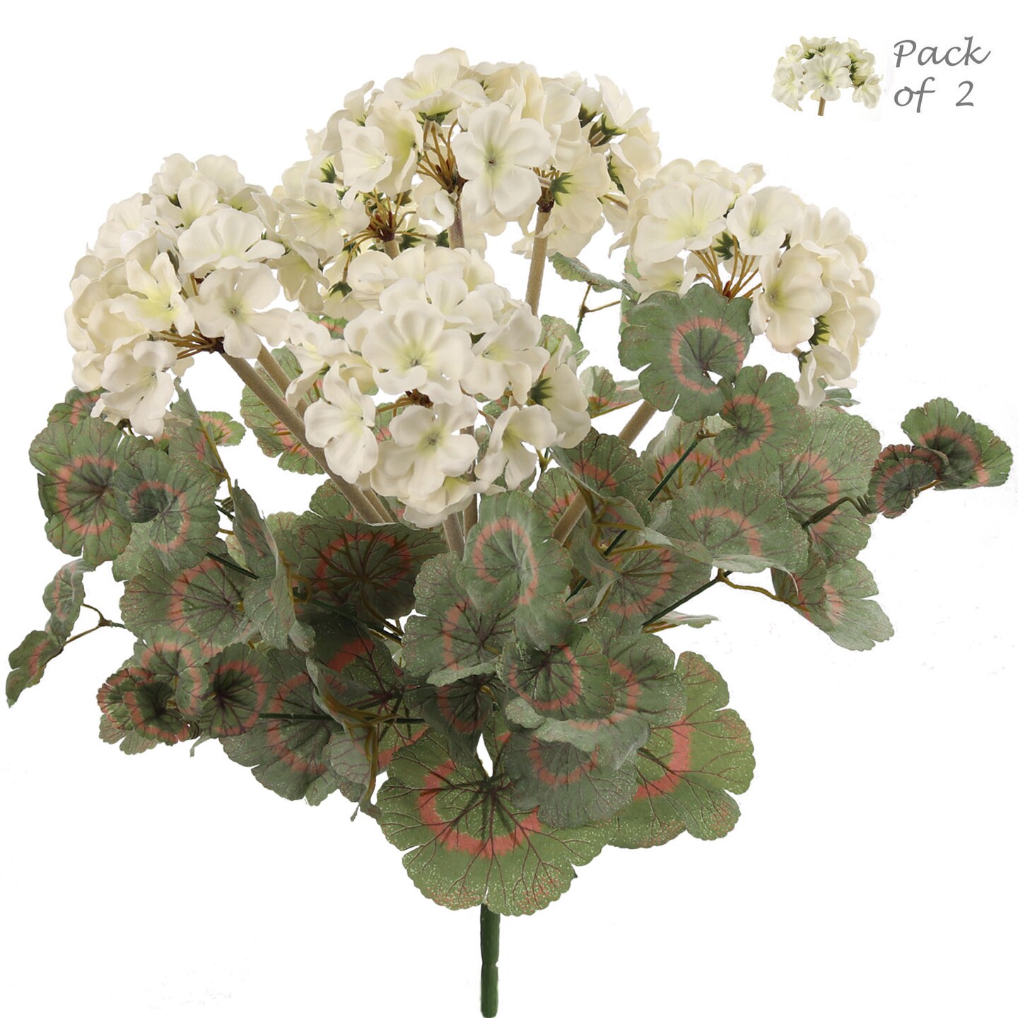 Set of 2 Lifelike White Geranium Bushes 18Inch Silk Blooms & Foliage, UV Resistant, Indoor