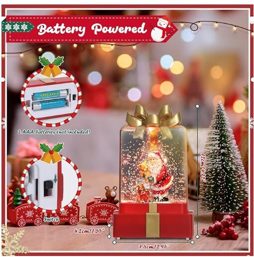 Battery-Operated Christmas Decorations, Christmas Snow Globe Lighted Water Lantern Decorative Gift Box with Swirling Glitter and Santa Claus