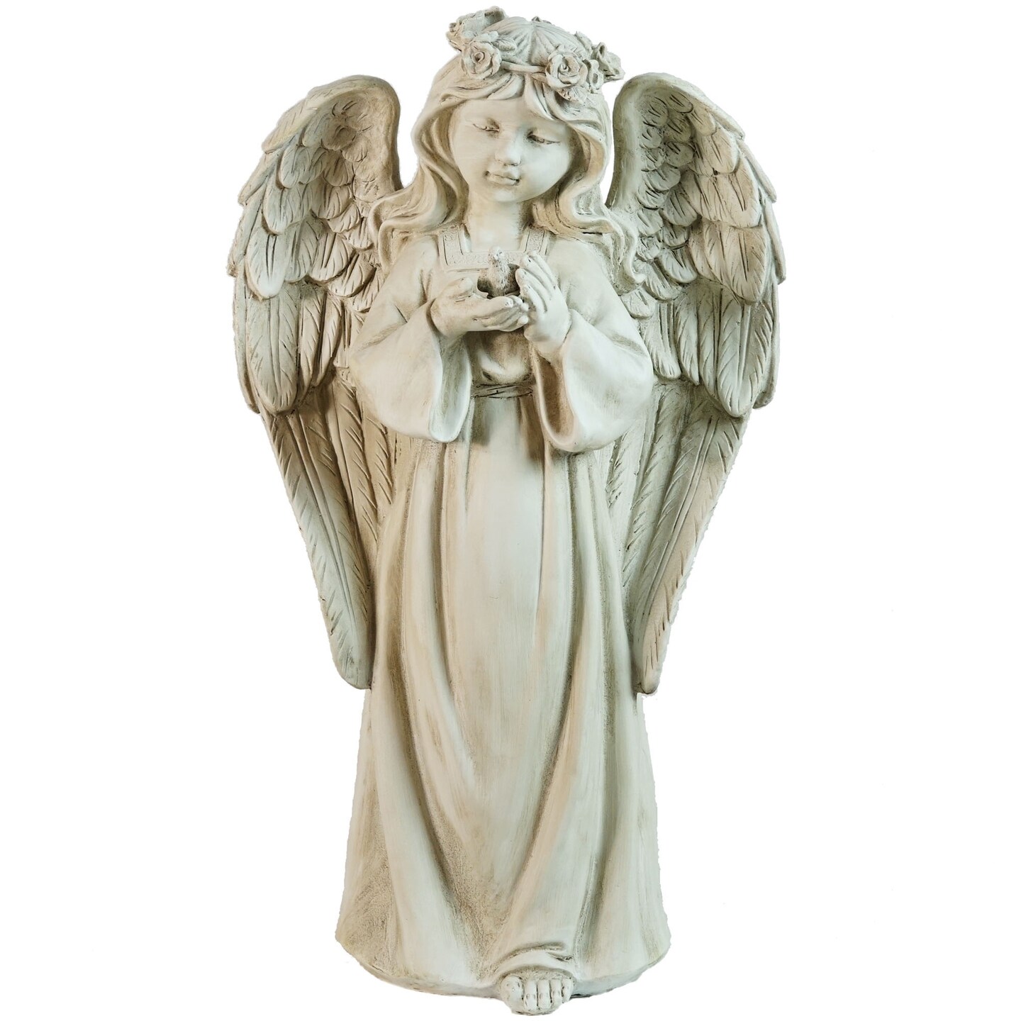 Northlight 20.5&#x22; White Standing Angel Holding a Bird Outdoor Garden Statue