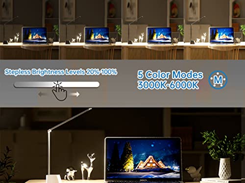 Rechargeable Cordless LED Desk Lamp, 5 Brightness &#x26; 5 Lighting Modes, USB Charging Port, Aluminum Arms, Portable, Dimmable, Touch Control, Auto Timer (White)