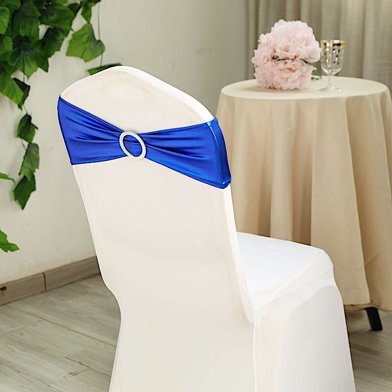 Metallic Silver Spandex Chair Sashes with Round Buckles for Wedding Decor