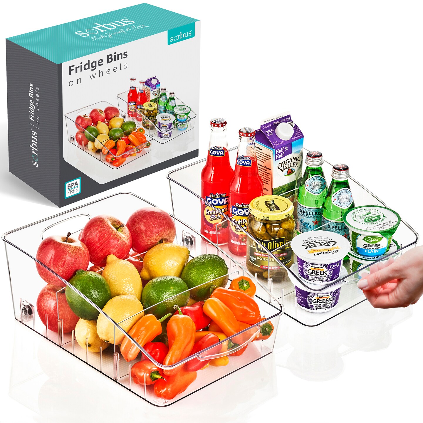 Sorbus Fridge Organizer on Wheels - Rolling Fridge Organizers and Storage Clear Design with Dividers & Handles for Kitchen Organization and Storage - Refrigerator Organizer Bins & Pantry Storage Bins