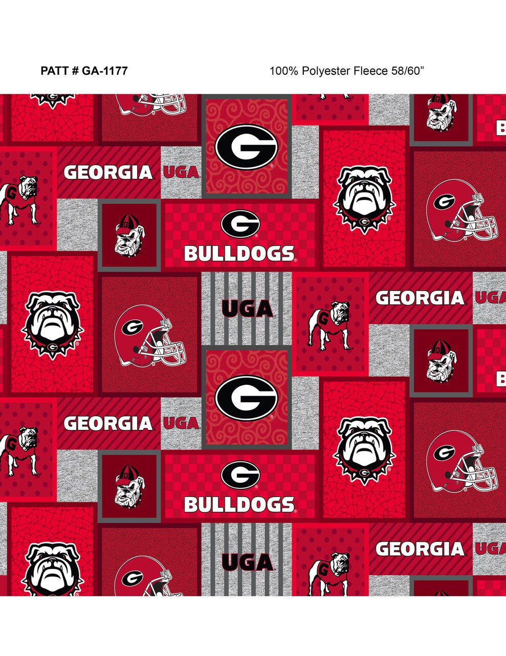 Sykel Enterprises-University of Georgia Fleece Fabric-Georgia Bulldogs College Patch Fleece Blanket Fabric-Sold by the yard