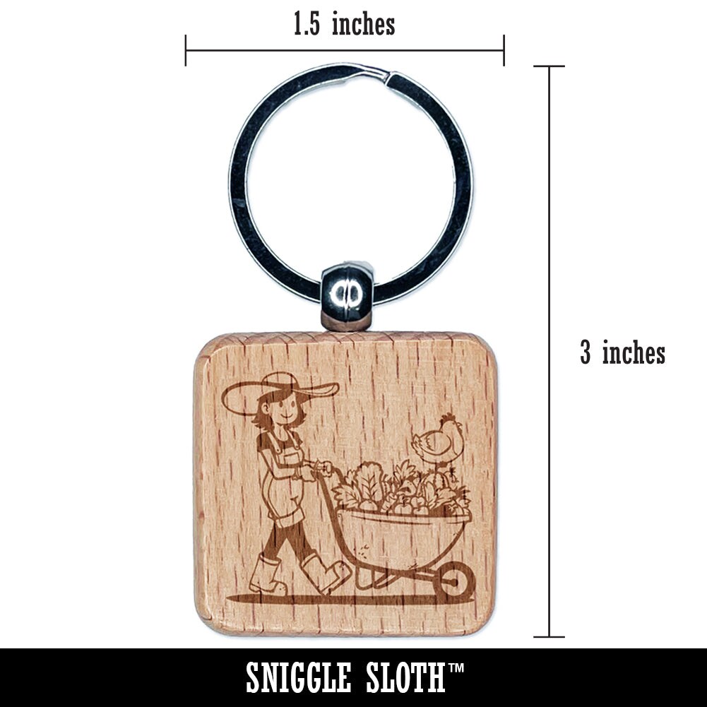 Gardener Farmer Girl with Wheelbarrow of Fruits Vegetables Chicken Engraved Wood Square Keychain Tag Charm