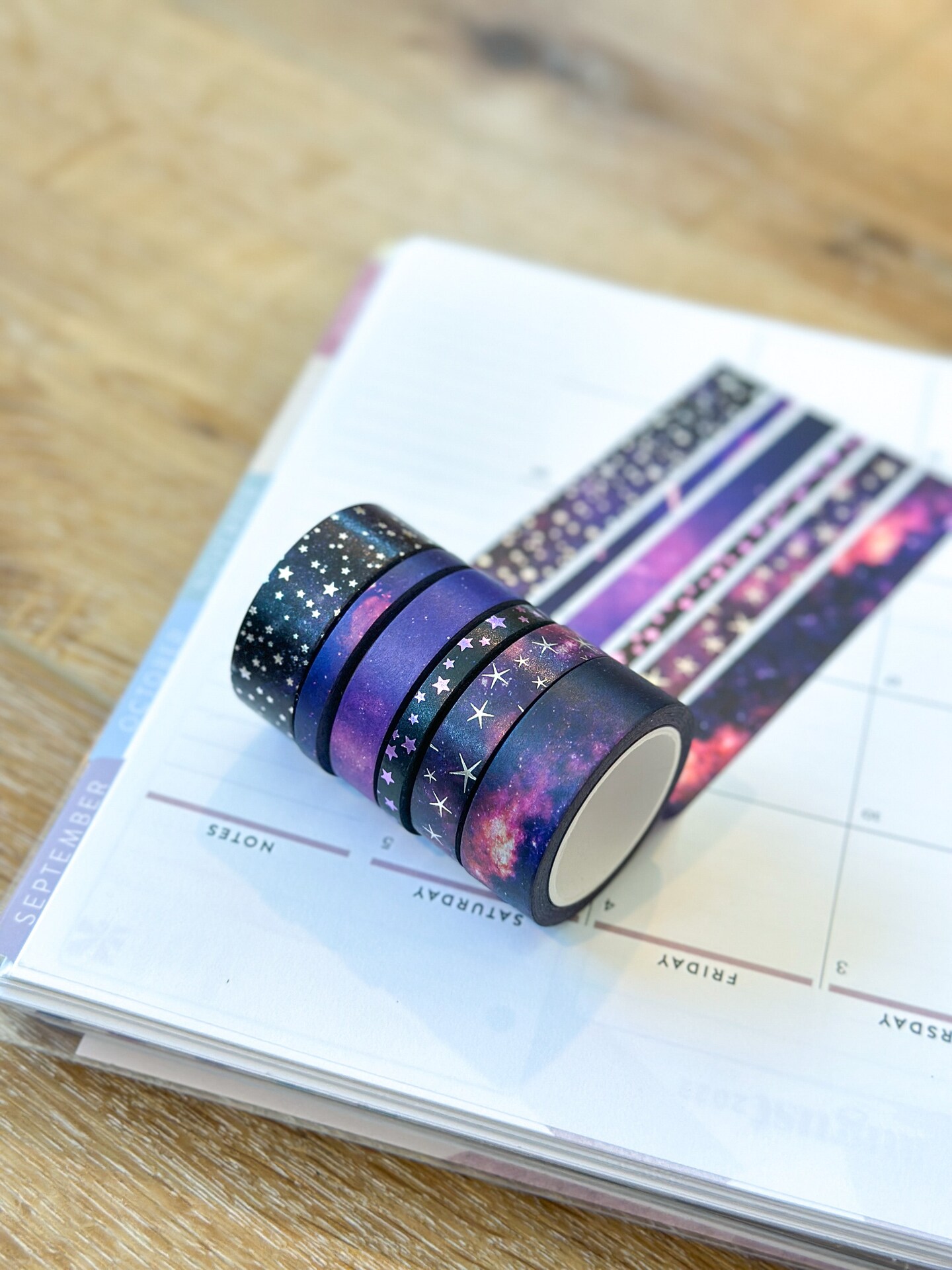 FOILED Galaxy Space Purple &#x26; Black Stars Celestial Astrology Washi Tape Set (#W011)