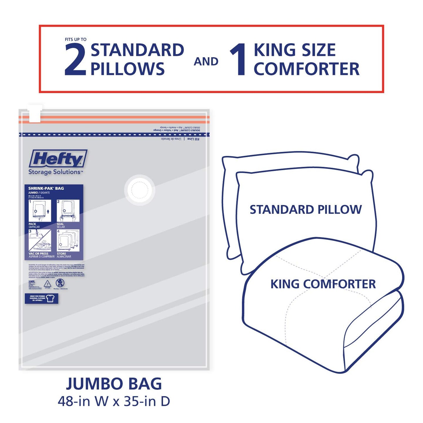 Hefty Shrink-Pak - 3 Jumbo Vacuum Storage Bags for Under Bed Storage, Clothing, Pillows, Towels, or Blankets