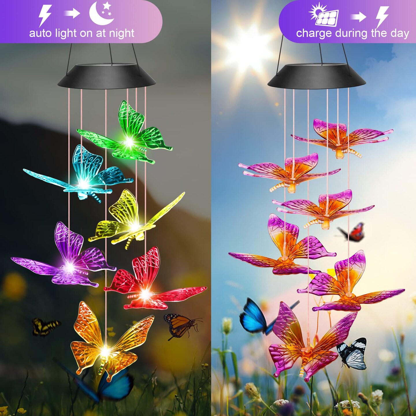 Mom Gifts for Mothers Day Grandma Gift, Winzwon Butterfly Solar Wind Chimes for Outside Solar Lights Outdoor Decor Hanging Mobile for Garden Birthday Gifts for Women