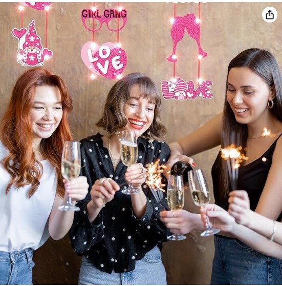 2 Set Happy Galentine's Day Banner Lighted Hanging Galentine Porch Signs Ladies Night Party Decorations with LED Lights Pink Heart Glitter Valentine's Day Lighted Garland, Batteries Included