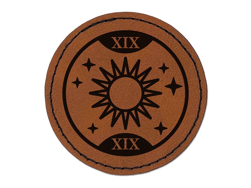 The Sun Tarot Card Round Iron-On Engraved Faux Leather Patch Applique - 2.5&#x22;