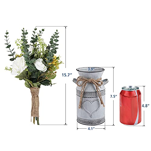 LIBWYS Metal Flower Vase Milk Can Rustic Style with Rose &#x26; Eucalyptus Shabby Chic Metal Vase for Rustic Home Dining Table Centerpieces Decor (White, 1)