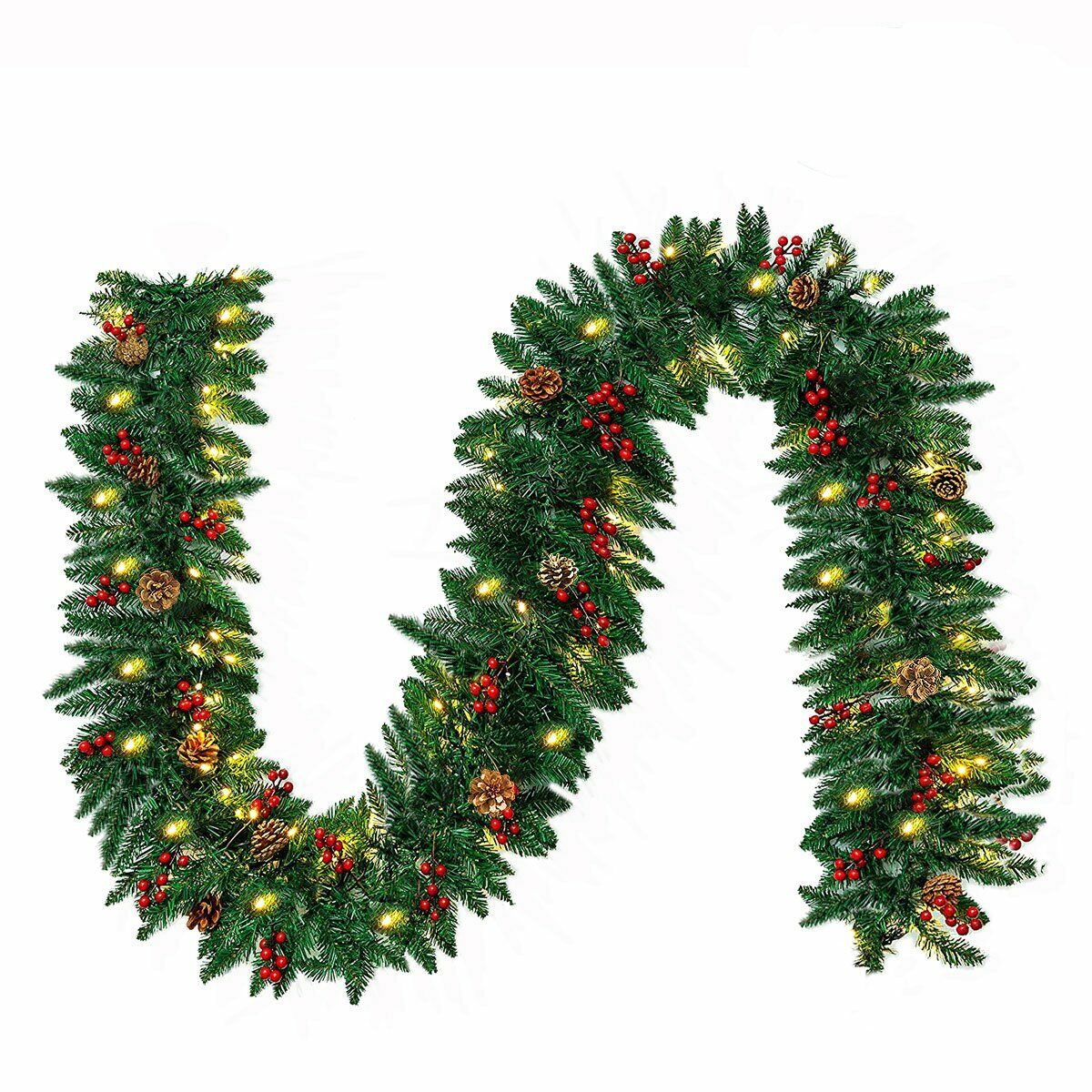 10FT Christmas Garland With Red Berries Pine Cones and 50 LED Lights