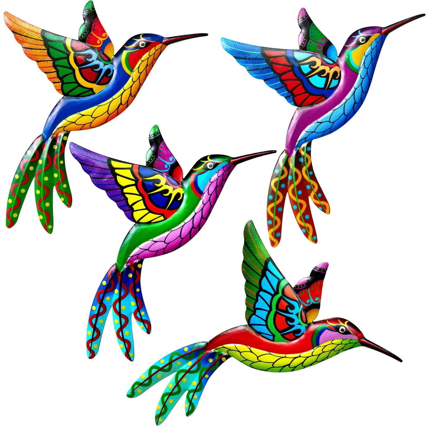 4 Pack Metal Hummingbird Wall Art Decor Metal Colorful Birds 3D Outdoor Sculpture Iron Outdoor Hanging Decor Ornaments Metal Hand-made Bird Wall Art Fence Decorations for Living Room Patio Balcony