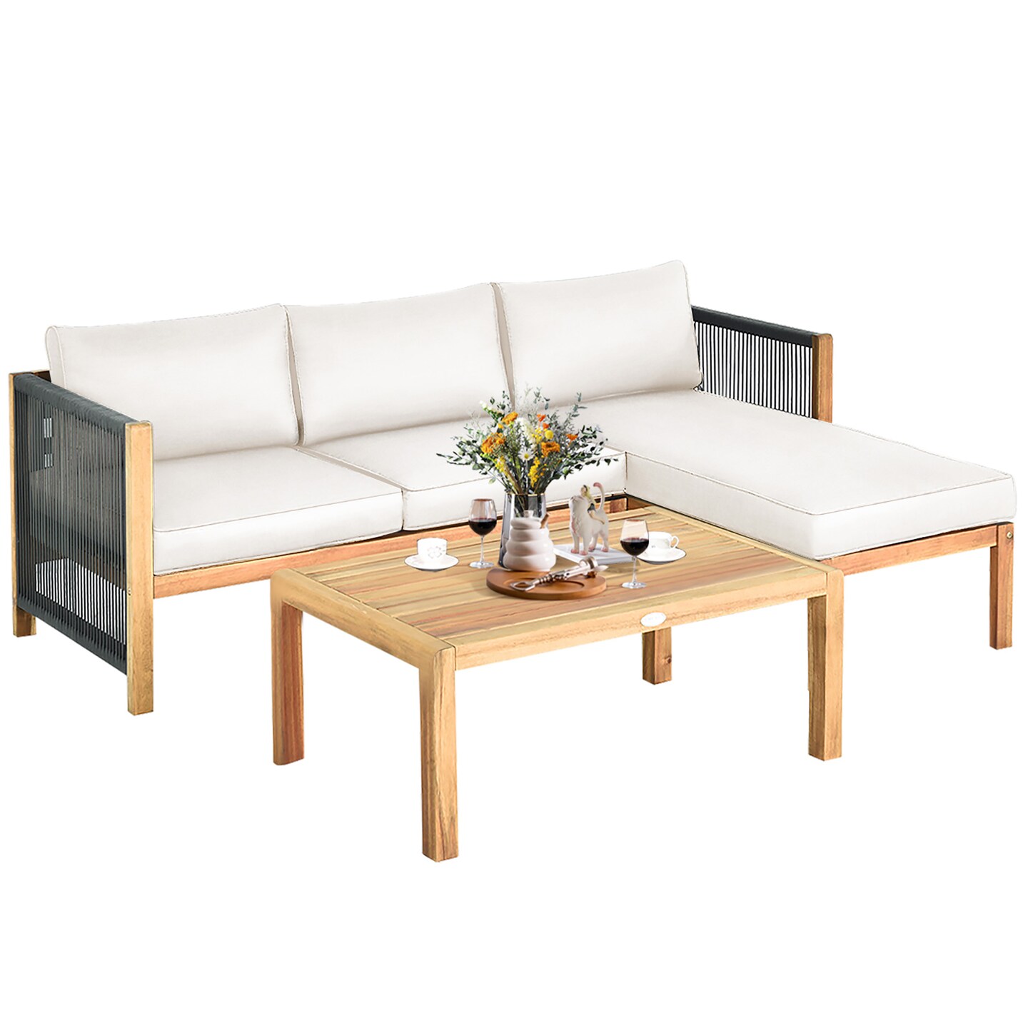 Costway 3PCS Patio Acacia Wood Sofa Furniture Set Thick Cushion W/Nylon Rope Armrest