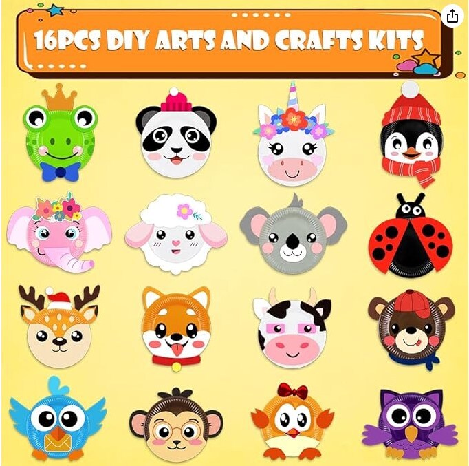 Toddler Crafts, 16 Pack Arts and Crafts for Kids Animal Paper Plate Art Kit for Boys and Girls Ages 3 to 6 DIY Birthday Party Favors for Kids Games for Preschool Classroom Christmas Parties