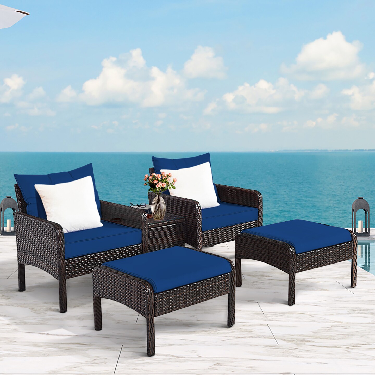 Costway 5 PCS Patio Rattan Wicker Furniture Set Sofa Ottoman Coffee Table Cushioned Michaels