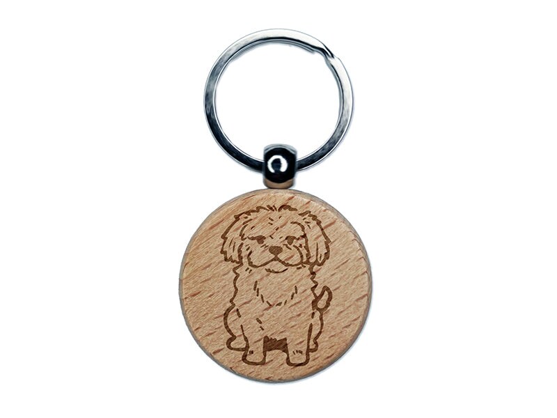 Fluffy Maltese Dog Puppy Engraved Wood Round Keychain Tag Charm