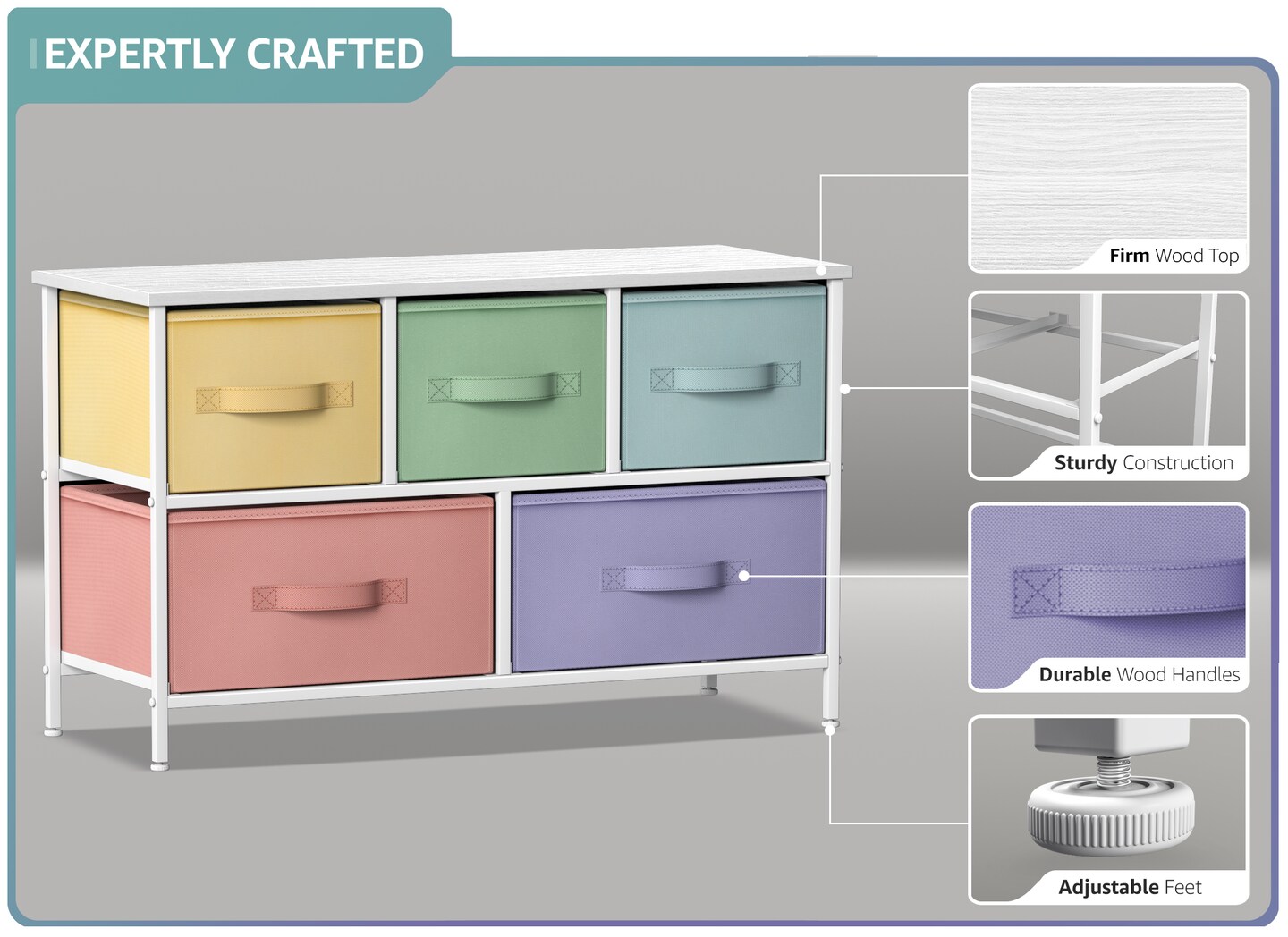 Sorbus Dresser with 5 Drawers - Storage Chest Organizer Unit with Steel Frame, Wood Top, Easy Pull Fabric Bins - Long Wide TV Stand for Bedroom Furniture, Hallway, Closet & Office Organization