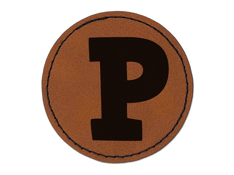 Letter P Uppercase Fun Bold Font Round Iron-On Engraved Faux Leather Patch Applique - 2.5&#x22;