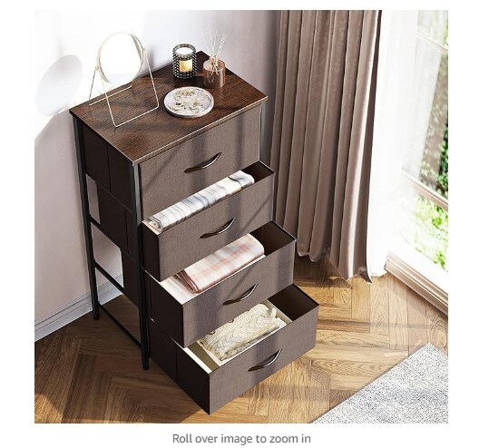 Brown Fabric Dresser Chest of Drawers with Sturdy Steel Frame, Wood Top Closet Dresser, Brown Dresser for Bedroom with Four Storage Drawers