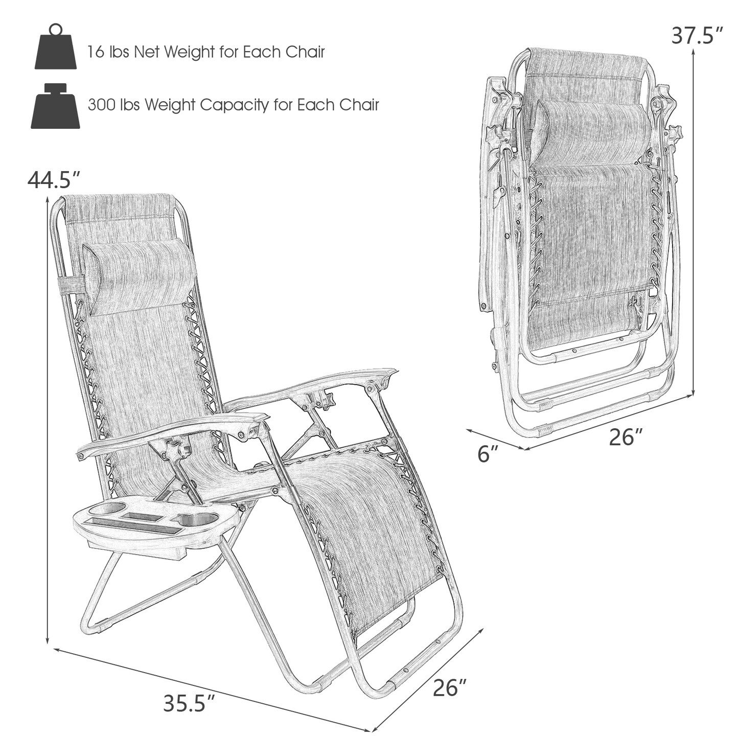 2 Pieces Folding Recliner Zero Gravity Lounge Chair