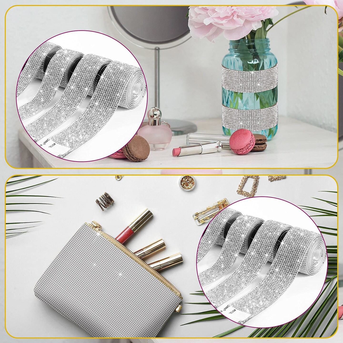 6 Rolls Self Adhesive Crystal Rhinestone Ribbon Diamond Bling Ribbons Wrap 6 Yards Mesh Glittering Sticker Roll for Arts Crafts Wedding Birthday DIY Event Car Phone Decoration (Silver)