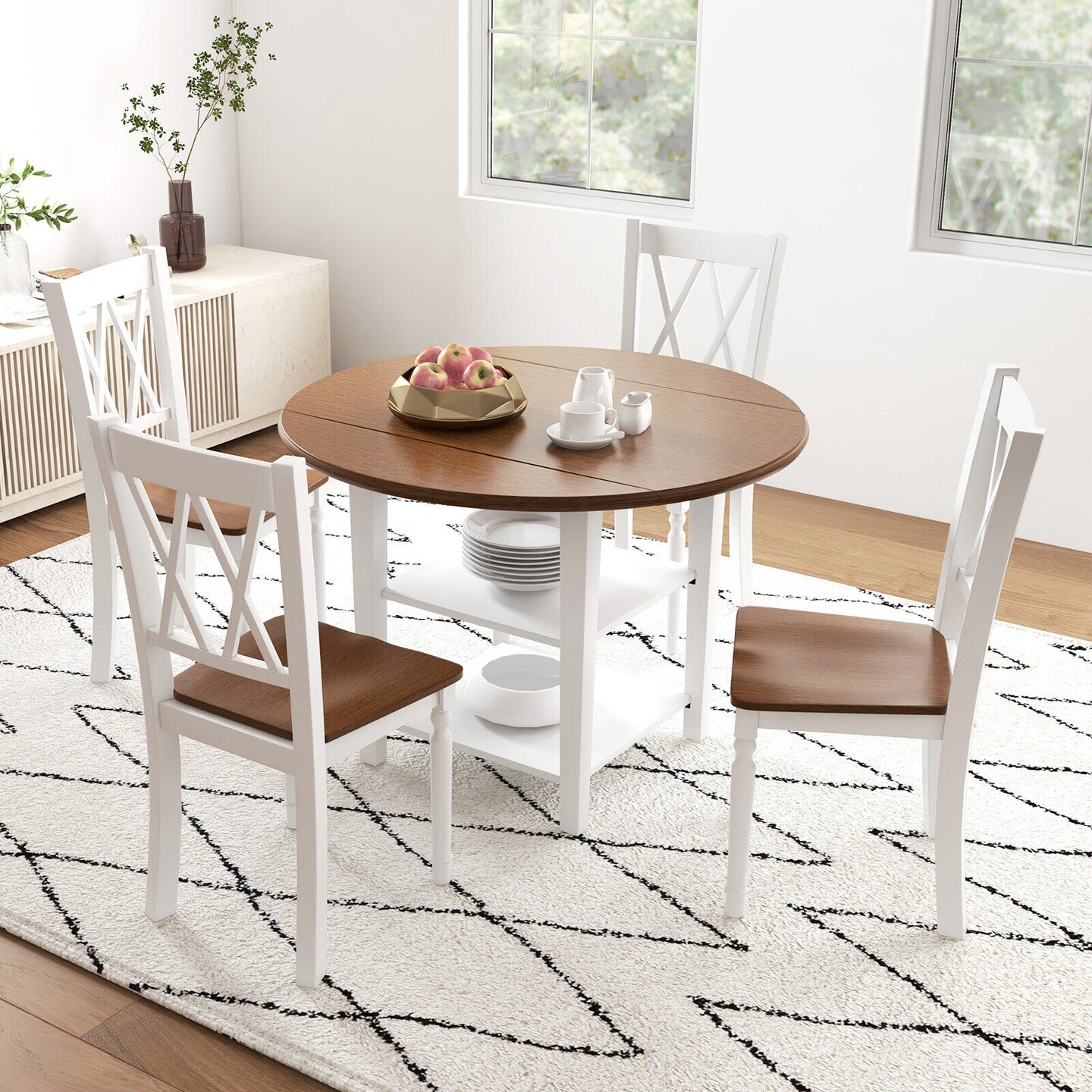 Walnut White Wooden Dining Chair Set 4 Farmhouse Solid Wood Curved Back