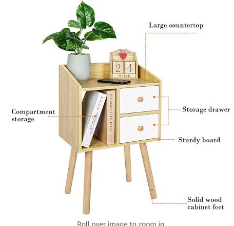 Bedside Table with Drawers, Nightstand Mid-Century Modern Nightstand with Solid Wood Legs and Open Storage Compartment:Natural Small End Table Side Table for Bedroom