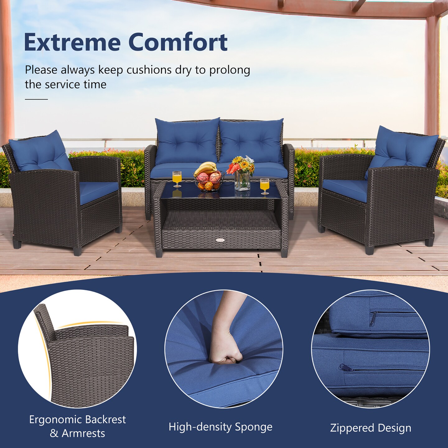 Costway 8 PCS Patio Rattan Furniture Set Glass Table Shelf Sofa Cushion