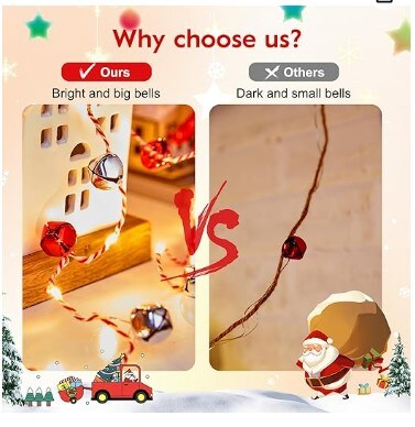 Christmas String Lights, 7.2ft 20 LEDs Battery Powered Jingle Bell Lights for Indoor, Xmas Tree, Fireplace, Gift Decor (Red/Silver)