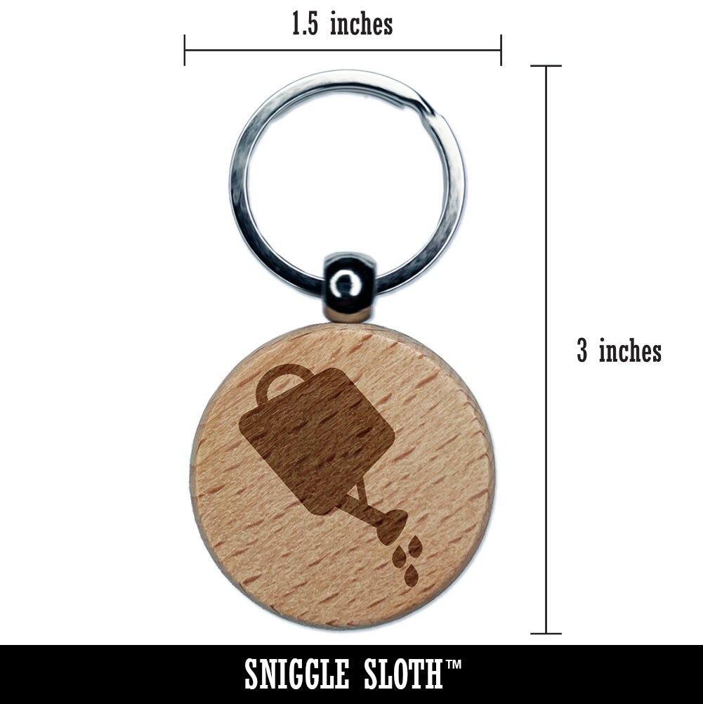 Watering Can Gardening Plants Solid Engraved Wood Round Keychain Tag Charm