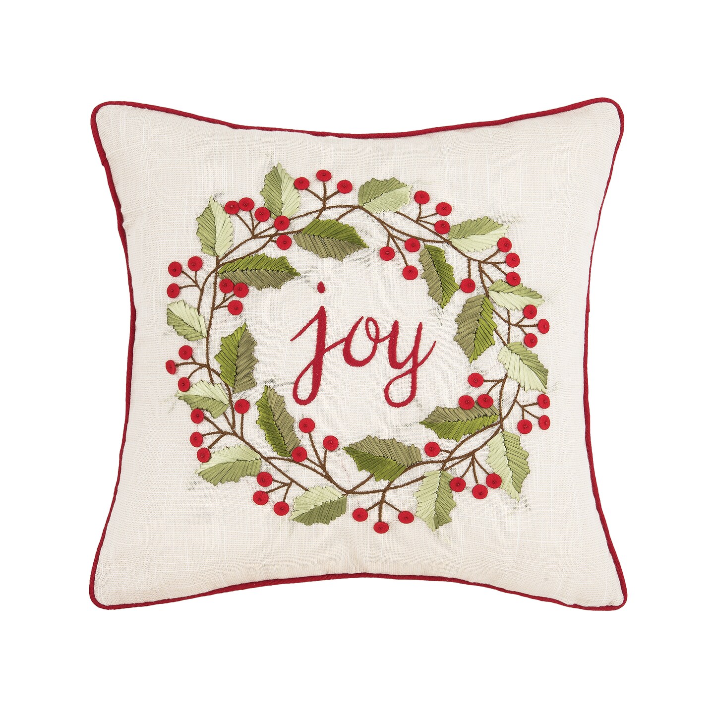 Joy Wreath Embroidered Throw Pillow