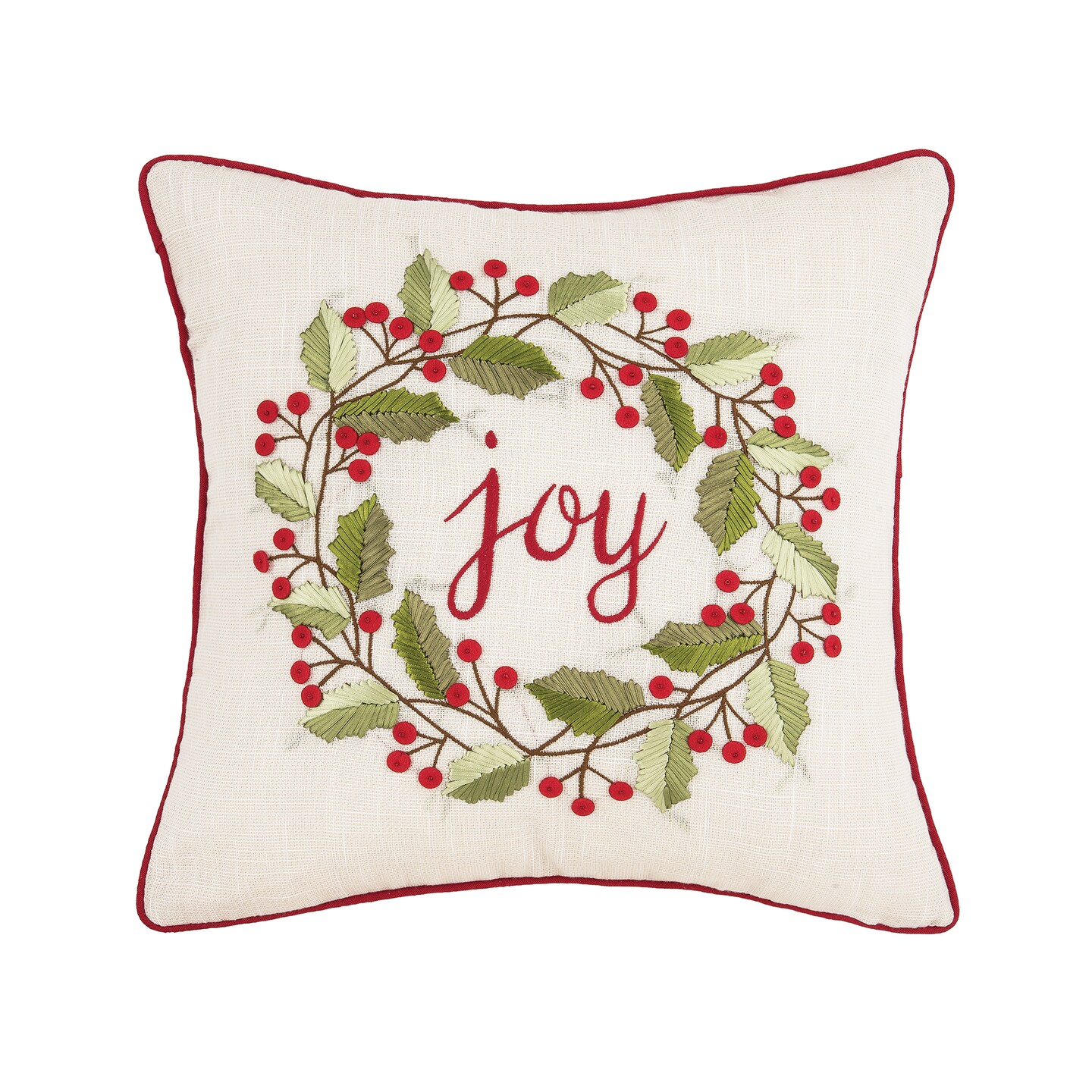 &#x22;Joy&#x22; Christmas Berry Wreath Accent Throw Pillow 18&#x22; x 18&#x22;
