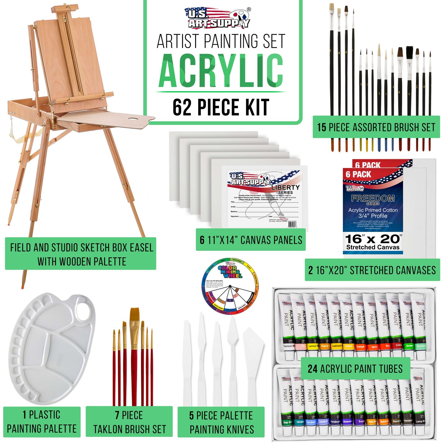 US Art Supply 62-Piece Wood Box Easel Painting Set- Box Easel, Acrylic & Oil Paint Colors