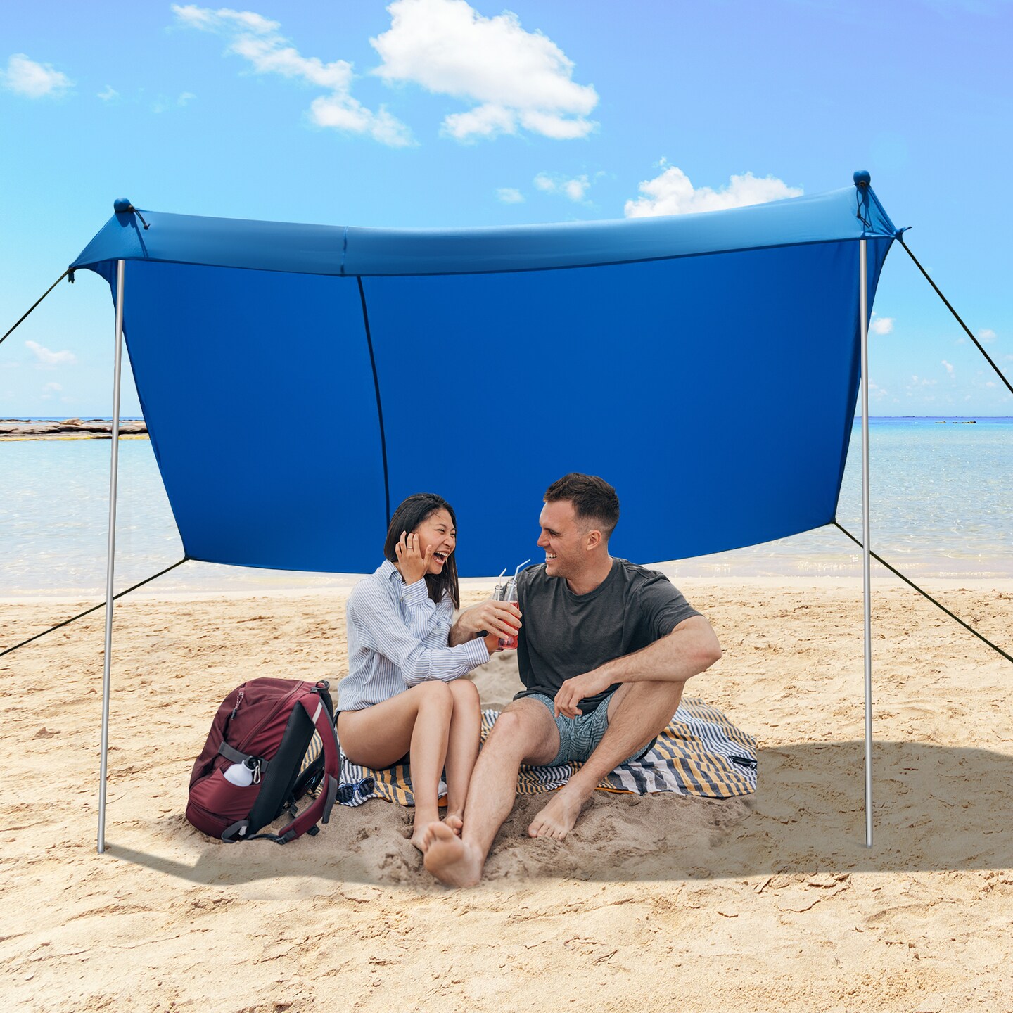10 x 10 Feet Large Beach Sunshade Beach Tent Canopy with Sandbags-Blue