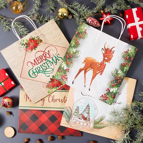 JOYIN 24 Pcs Christmas Kraft Paper Gift Bags with Twine Handles, 12 X 12 X 5&#x27;&#x27; Large Xmas Gift Bags with 12 Designs for Holiday Present Wrapping, Christmas Goodie Bags, Xmas Goody Bags Party Supplies