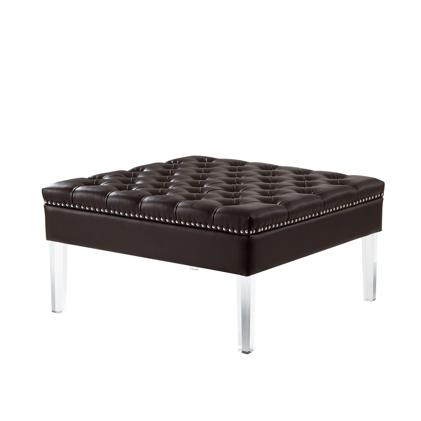 Skye PU Leather Button Tufted Nailhead Trim Acrylic Leg Square Cocktail Table Ottoman