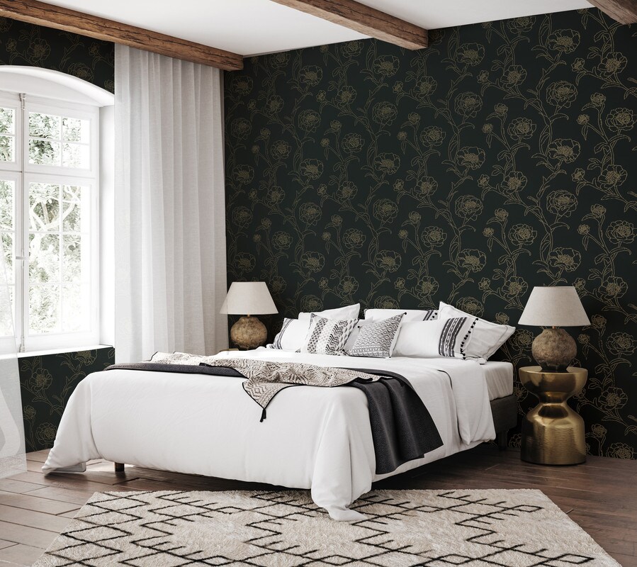 Tempaper Peonies Peel and Stick Wallpaper Black/Metallic Gold