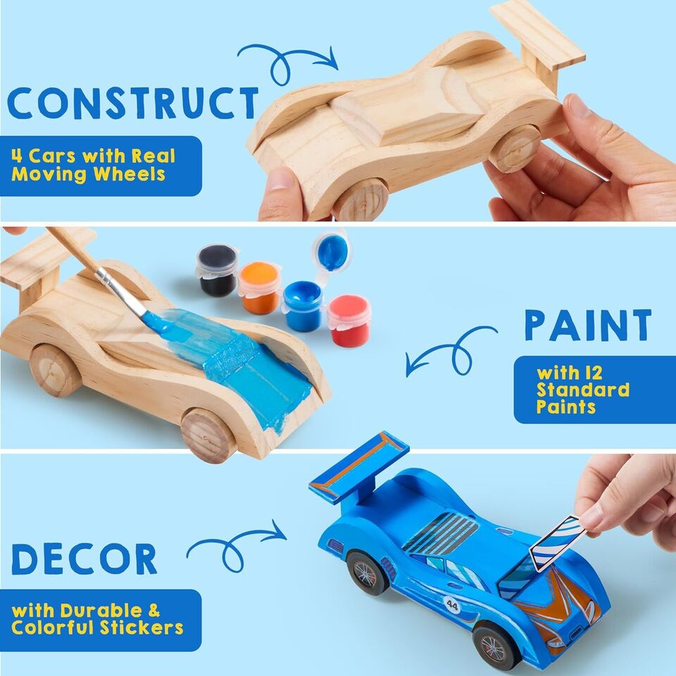 4 DIY Wooden Race Cars-Build & Paint Your Own Wood Craft Kit Gifts.