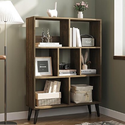 Brown 4-Tier Wooden Bookcase, 7 Cube Storage Organizer Bookshelves, Mid-Century Retro Bookcases with Solid Wood Legs, Free Standing Book Shelf for Home Office, Living Room