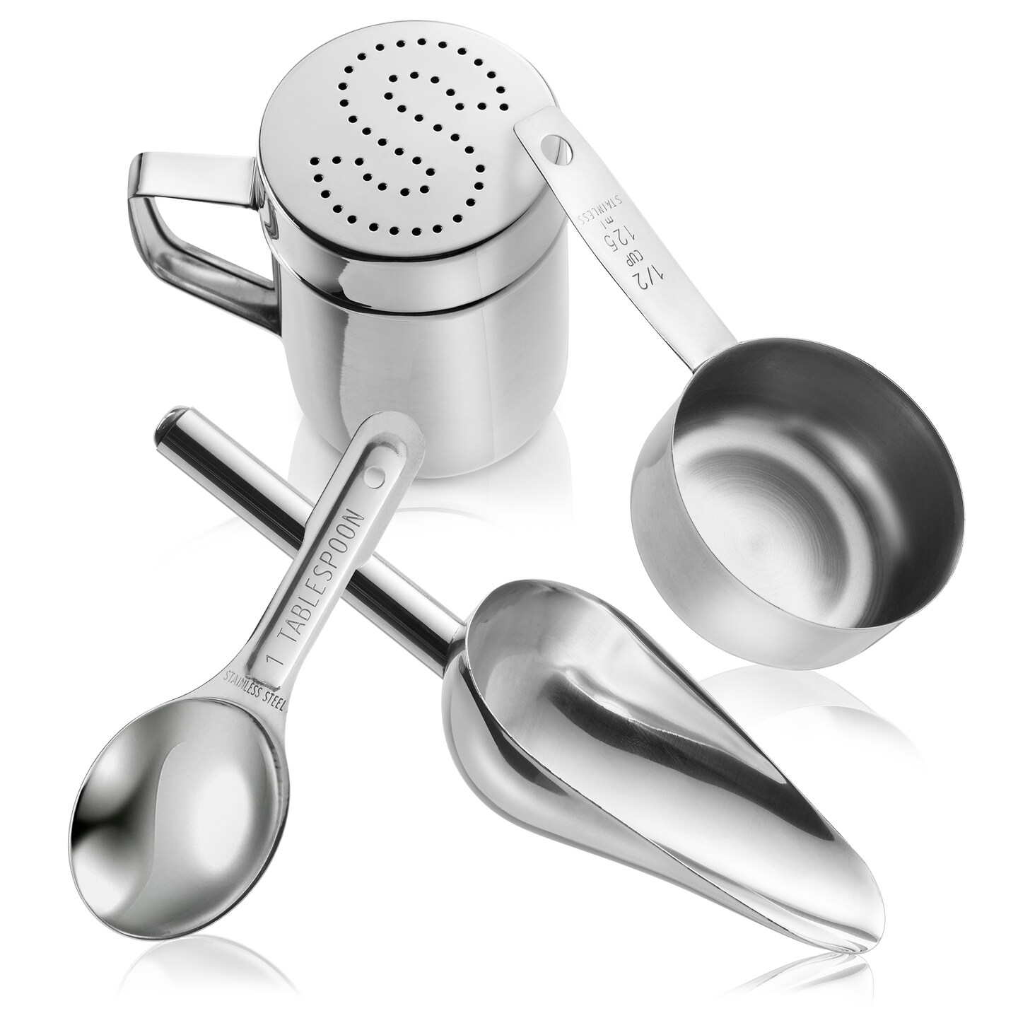 Olde Midway Stainless Steel Popcorn Machine Accessories - 4 Piece Set with Measuring Spoons, Scoop, and Salt Shaker