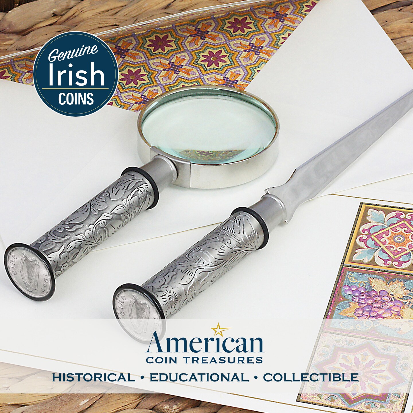 Irish Three Pence Letter Opener and Magnifying Glass Gift Set