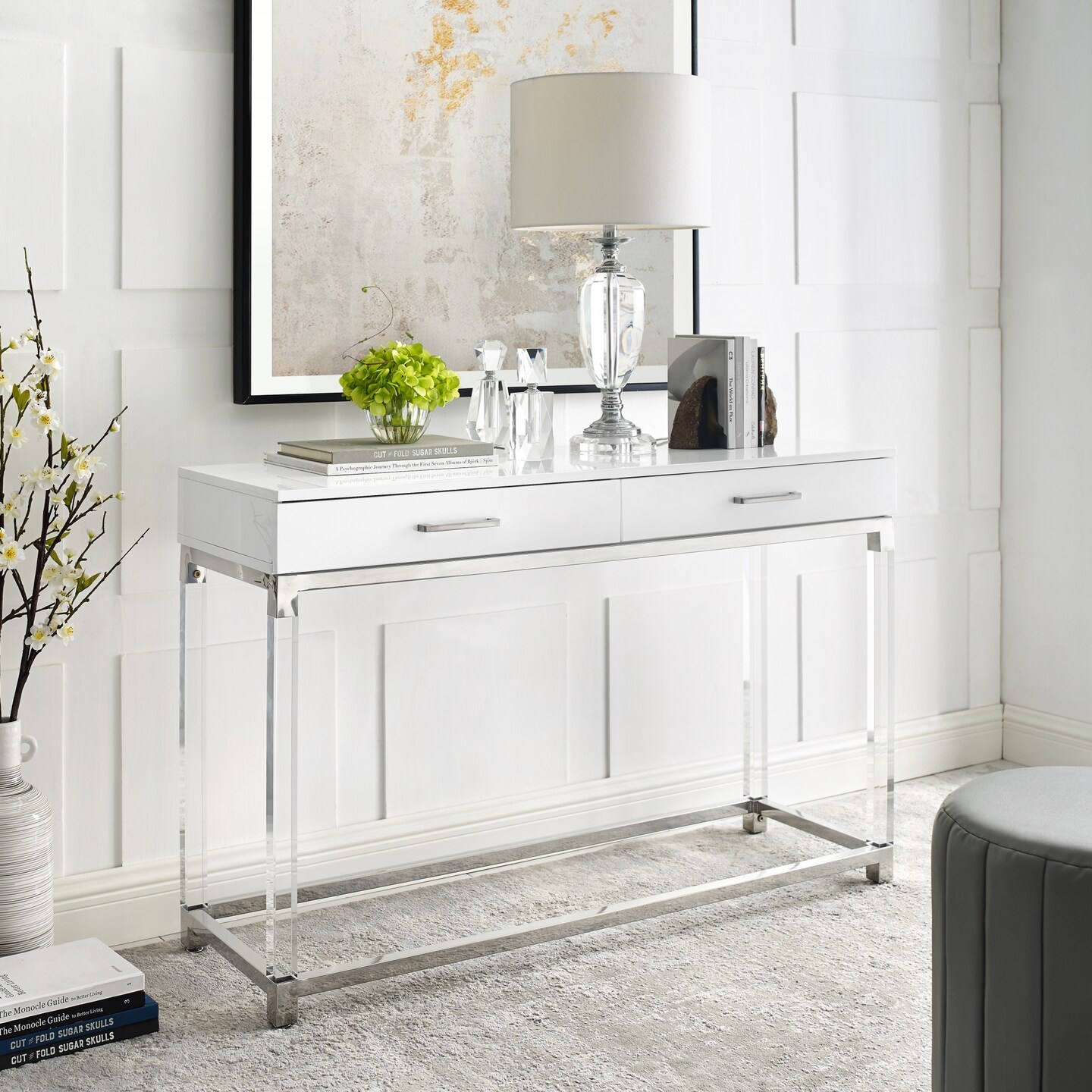 Caspian High Gloss 2 Drawer Acrylic Leg Metal Base Console Table