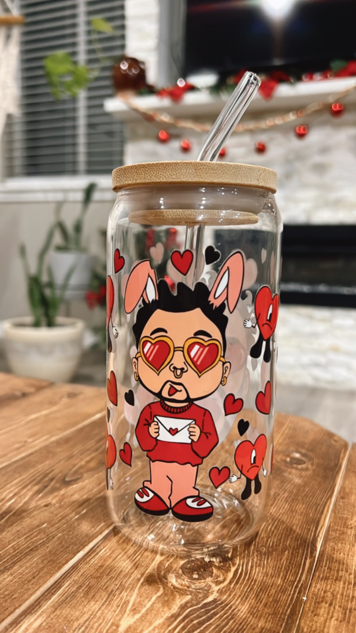Bad Bunny Heart Clear Cup with Bamboo Lid and Glass Clear Straw- 16oz cup.  Bad Bunny Glass Cup, Un Verano Sin Ti, Christmas, Holiday Gift