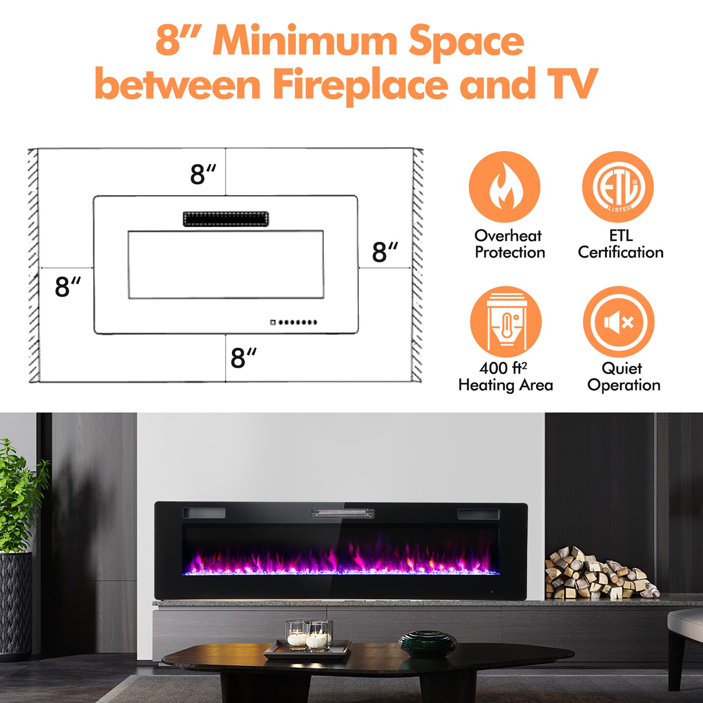 Costway 68'' Ultra-Thin Electric Fireplace Recessed Wall Mounted W/Crystal Log Decoration